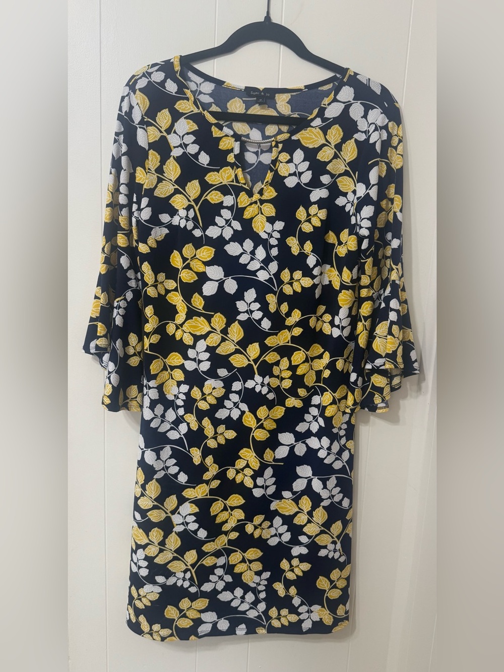 Sami & Jo Navy Midi Dress with Gold and White Leaf Print